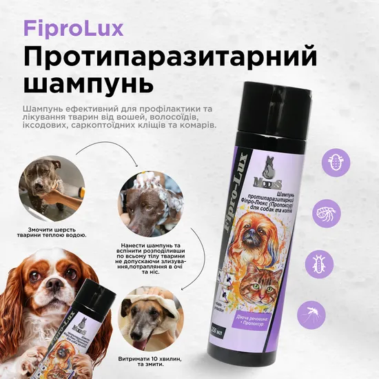 Фіпро-люкс (Fipro-Lux) протипаразитарний шампунь для собак та котів 250 мл, MODES (від бліх, від кліщів)