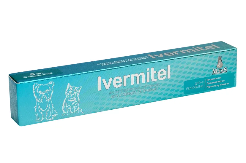 Івермітел (Ivermitel) антигельмінтна суспензія для кошенят та цуценят зі смаком м'яса 5 мл, MODES