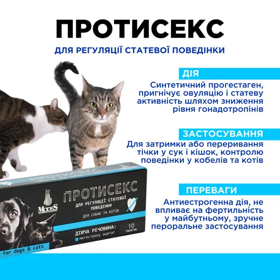 Протисекс таблетки для регуляції статевої поведінки для собак і котів 10 таб., MODES