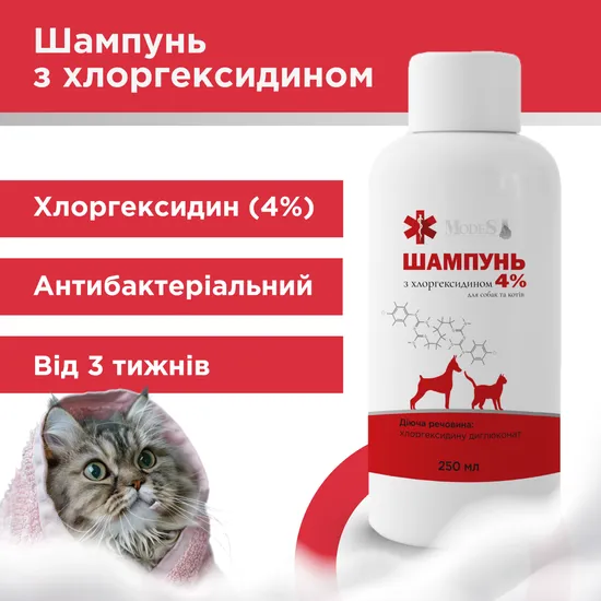 Шампунь з хлоргексидином 4% для собак та котів, 250 мл, MODES