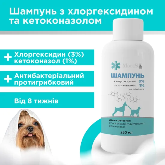 Шампунь антибактеріальний з хлоргексидином 3% і кетоконазолом 1% для собак і котів, 250 мл,  MODES