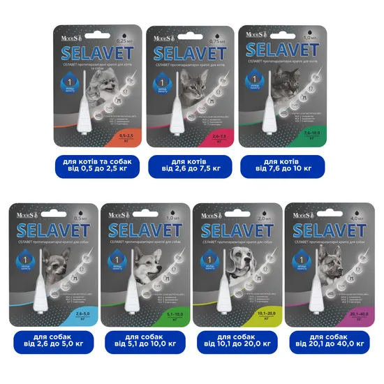 Селавет (Selavet) протипаразитні краплі для собак та котів від 0,5 кг до 2,5 кг, 0,25 мл, MODES