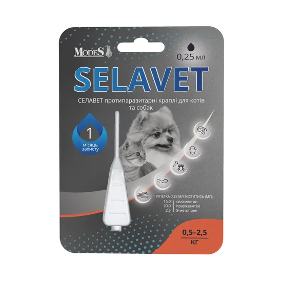 Селавет (Selavet) протипаразитні краплі для собак та котів від 0,5 кг до 2,5 кг, 0,25 мл, MODES
