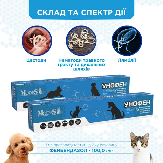 УНОФЕН антигельмінтна суспензія для тварин 5 мл, MODES