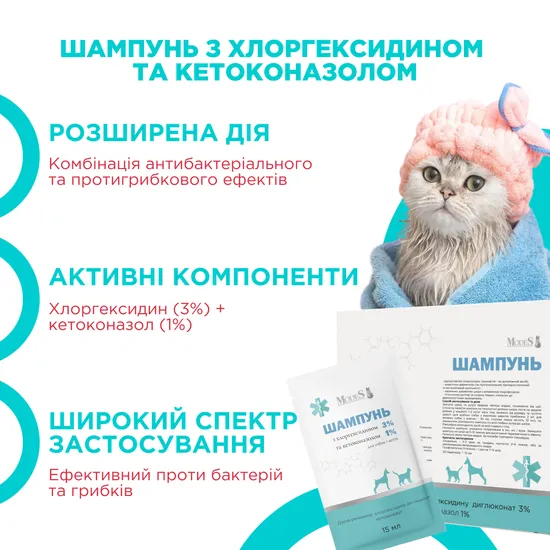 Шампунь антибактеріальний хлоргексидин 3%, кетоконазол 1% для собак і котів, 20шт*15 мл, MODES