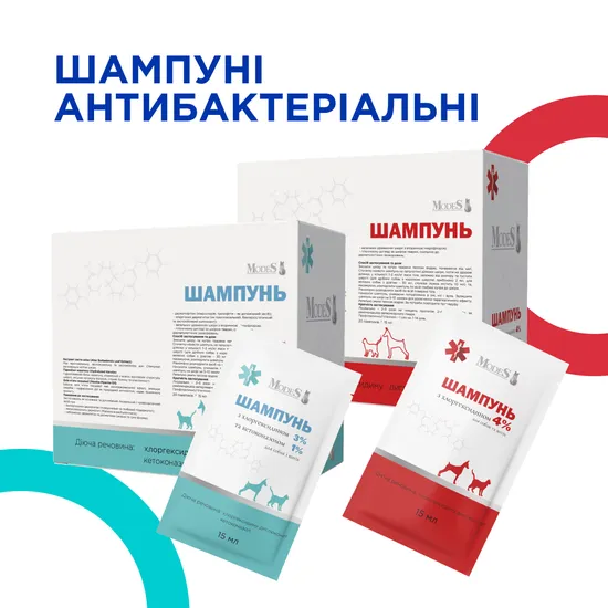 Шампунь антибактеріальний хлоргексидин 3%, кетоконазол 1% для собак і котів, 20шт*15 мл, MODES